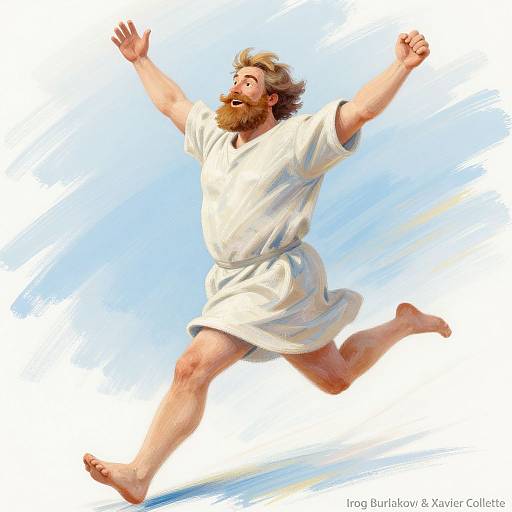 Digital painting of a joyful, bearded man with messy blond hair, wearing a white tunic, leaping with arms raised against a blue sky background