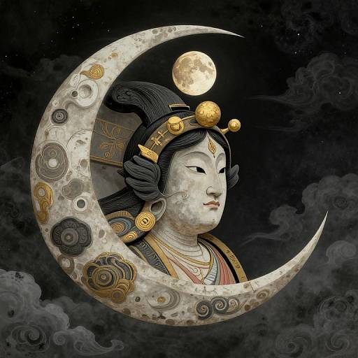 Digital art of an Asian goddess with pale skin, black hair, and gold headpiece, serene expression, surrounded by moon and clouds.