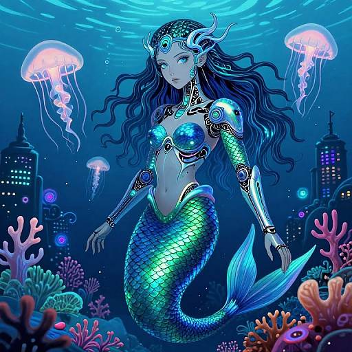Digital artwork of a blue-green mermaid with long wavy hair, detailed scales, and black ornate jewelry, surrounded by jellyfish and colorful coral