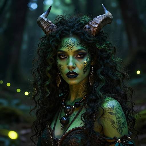 Digital art of a demonic woman with green-tinted skin, black curly hair, dark horns, intricate tattoos, and glowing forest background.