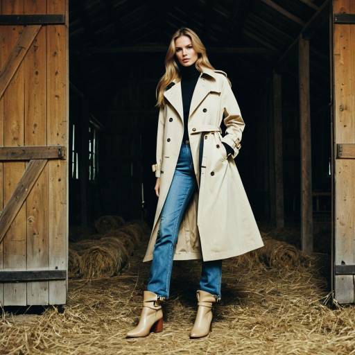 Fashionable woman in trench coat and boots in barn
