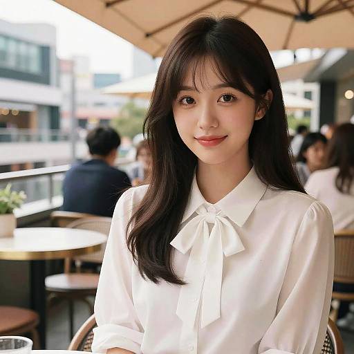 Photograph of a young Asian woman with long black hair, wearing a white button-up shirt with a bow, smiling softly in a sunlit outdoor café