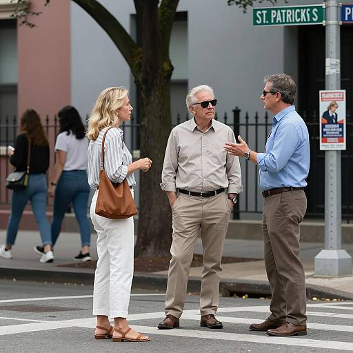 Three People Conversing on City Street