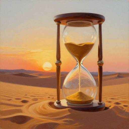 Photograph of an hourglass with golden sand, standing in a desert at sunset, casting shadows on orange sand dunes.