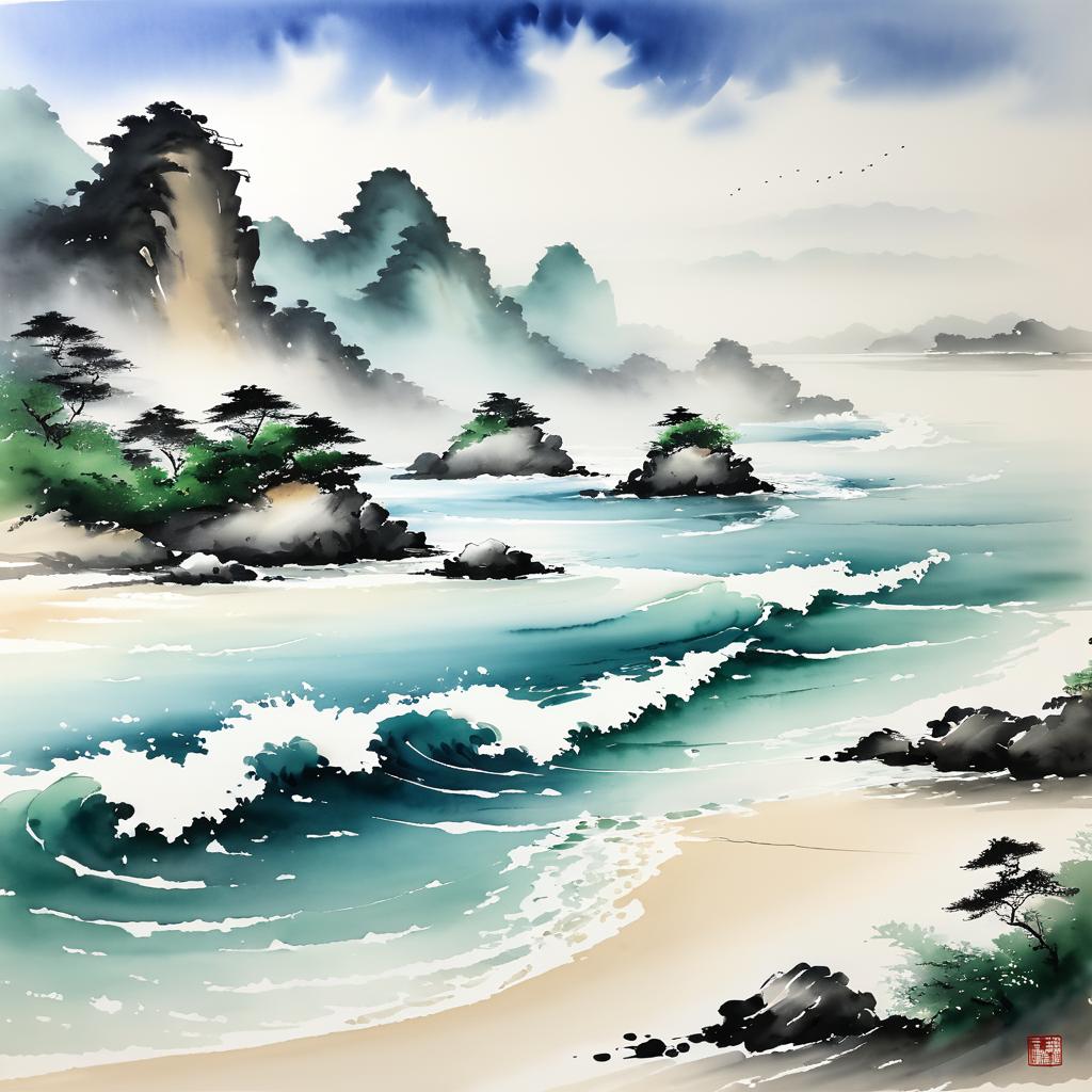 Tranquil Chinese Brush Painting of Beach