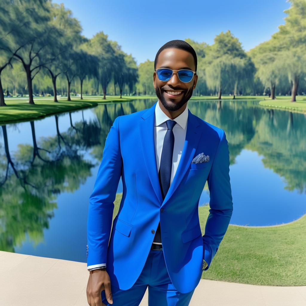 Stylish Man in Blue Suit by Lake