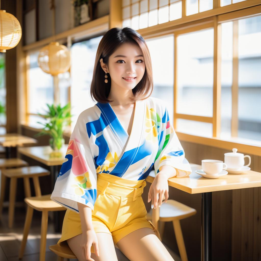 Sunlit Japanese Princess in Cafe