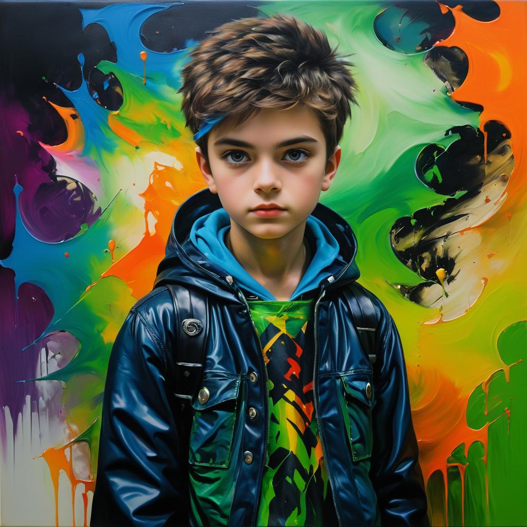 Defiant Teenage Boy: Avant-Garde Oil Painting