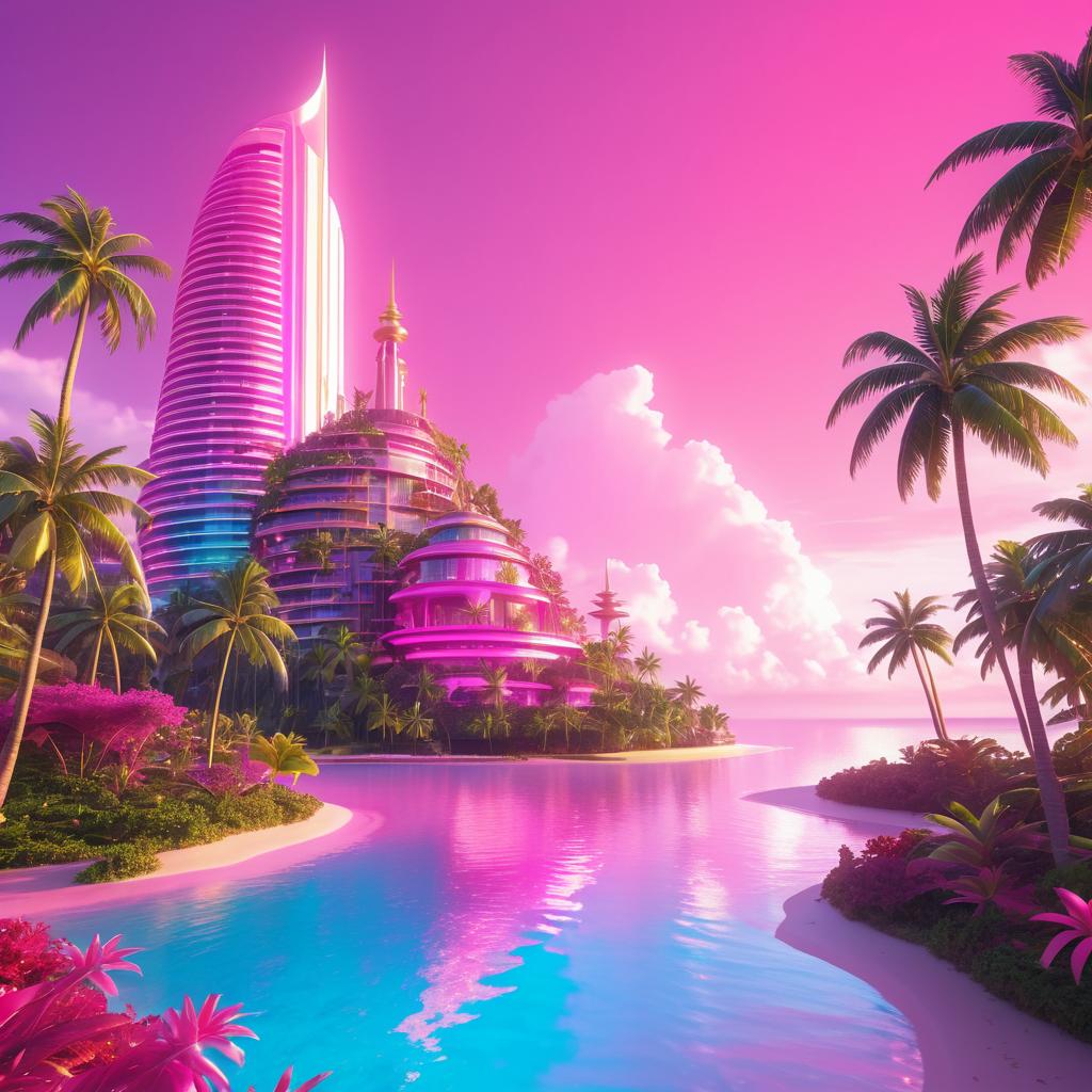 Unicorn Under Pink Sky in Futuristic City