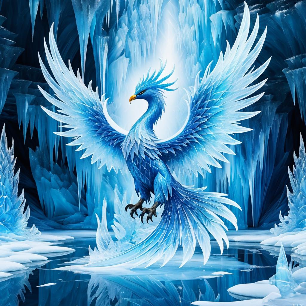 Magical Ice Phoenix in Glacial Cavern