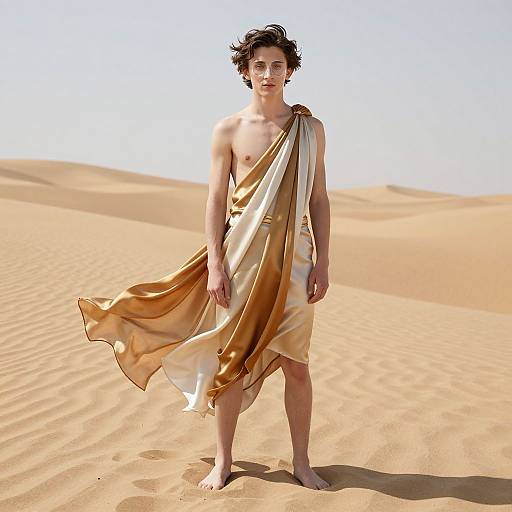 Photograph of a young man with pale skin and dark, wavy hair, standing in a desert. He wears a golden and white draped toga