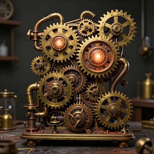 Photograph of intricate, steampunk-style mechanical clockwork machine with glowing orange gears, copper pipes, and brass components, set against a dark,