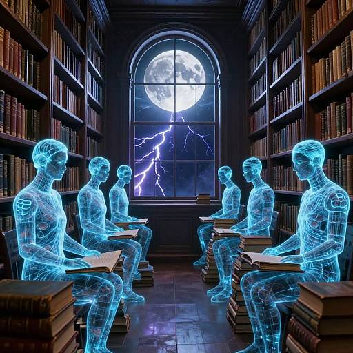Photograph of glowing blue, translucent human figures seated in a dim library, reading, with a full moon and lightning outside.