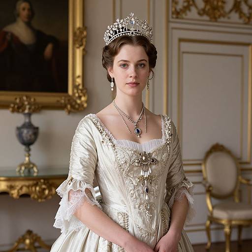 Photograph of a fair-skinned woman in an ornate, cream-colored, Victorian-style dress with intricate embroidery, wearing a silver tiara and necklace