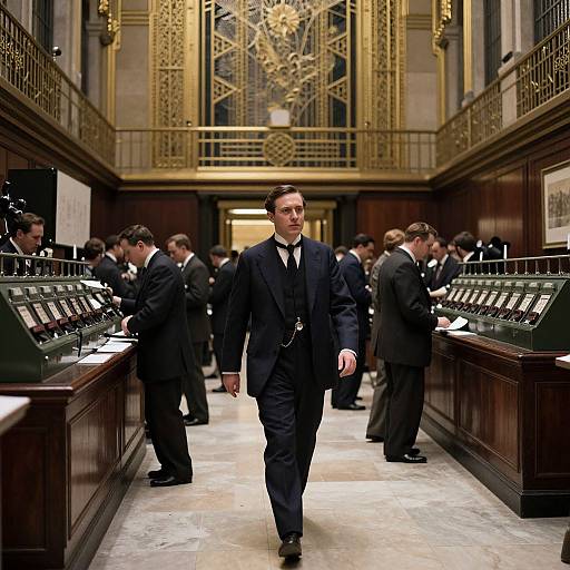 Photograph of a suited, serious-looking man walking down a grand, ornate hall filled with other men in suits, working at wooden desks. El