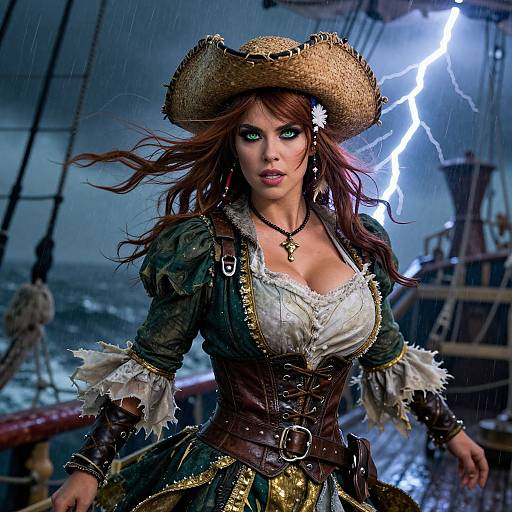 Digital art of a fierce, green-eyed pirate woman with flowing auburn hair, straw hat, revealing white blouse, and dark green corset,