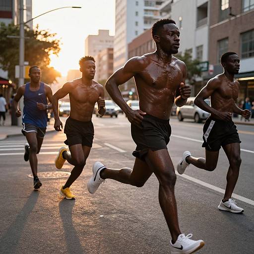 Photograph of four muscular Black men running in a city street at sunset, wearing shorts and sneakers, with buildings and sunlight in the background.