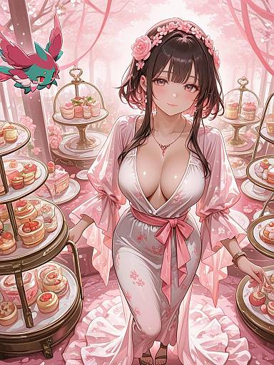 Elegant Woman in Blush Pink Maxi Dress with Desserts