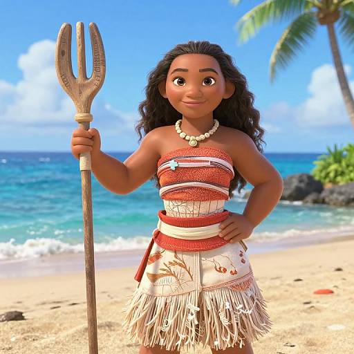 Digital CGI of a smiling Polynesian girl with dark curly hair, wearing a red and white striped strapless dress and pearl necklace, holding a wooden