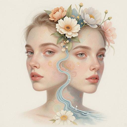 Digital artwork of a double-headed woman with fair skin, blue eyes, and a floral crown. A blue, wavy line runs between her faces,