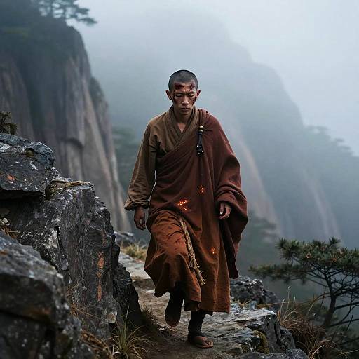 Enlightened Monk Ascending Rugged Mountains