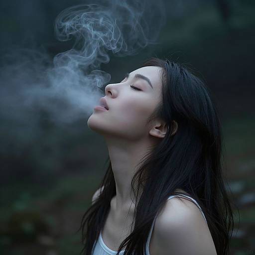 Photograph of an Asian woman with long black hair, eyes closed, head tilted back, inhaling smoke, wearing a white tank top, against a