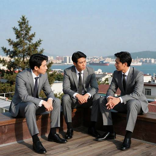 Businessmen on Rooftop Overlooking Harbor