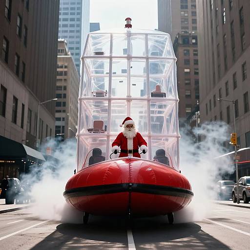 Photograph of Santa Claus in red suit, sitting in a futuristic transparent, red hovercraft, emitting smoke, driving through a city street.