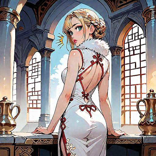 Anime Woman in Golden White China Dress Inside Palace