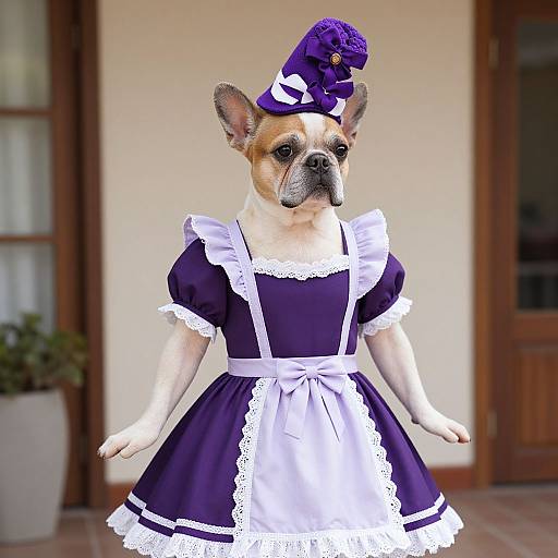 Photograph of a French Bulldog wearing a purple and white maid outfit with a matching hat, standing in front of a beige wall and wooden door.