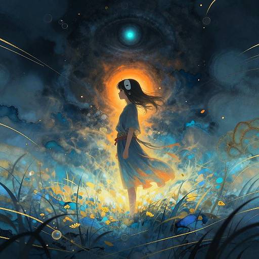 Silhouette of Girl with Glowing Aura in Fantasy Field