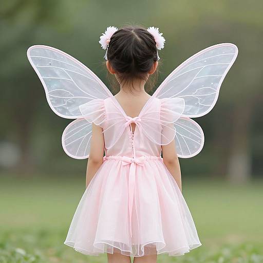 Photograph of a young girl with dark hair in a white flower hair clip, wearing a pink dress and translucent fairy wings, standing in a green,
