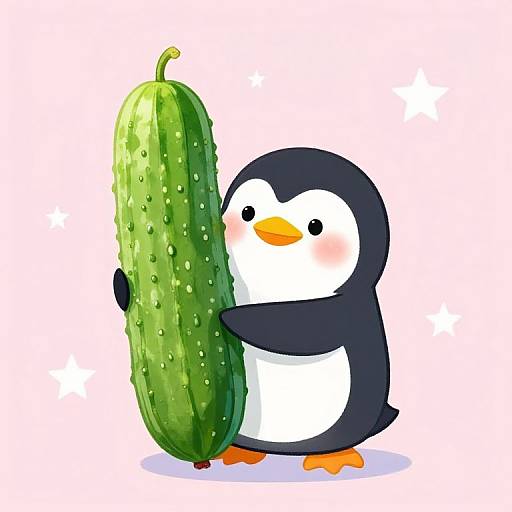 Cute Penguin Holding Giant Cucumber