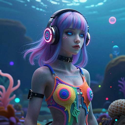 Digital art of a neon-lit, cyberpunk, pink-haired woman in colorful, beaded bikini top, underwater, wearing glowing headphones, surrounded by