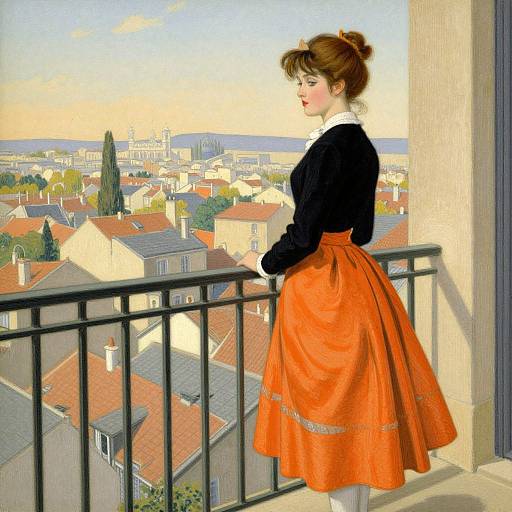 Vintage-style painting of a woman in a black top and orange skirt, standing on a balcony, gazing over a sunlit, European cityscape.