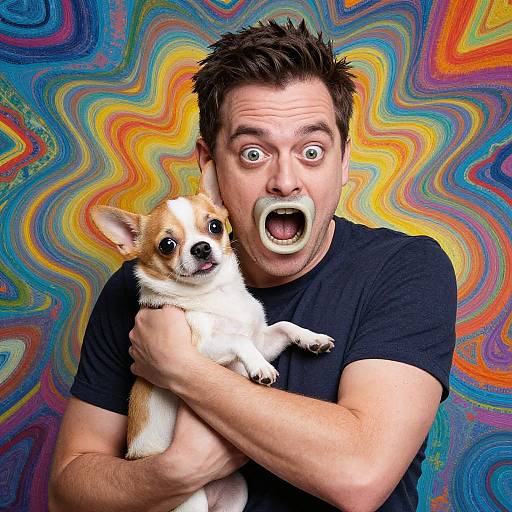 Photograph of a shocked man with spiky brown hair, black t-shirt, holding a small white and brown Chihuahua, against a vibrant