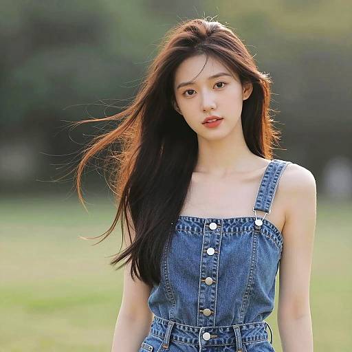 Young Woman in Denim Overall Outdoors