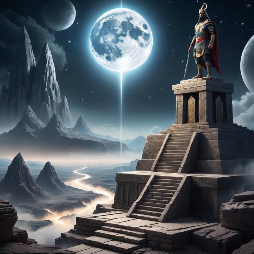 Ancient Warrior Statue Under Moonlit Fantasy Sky