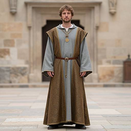 Photograph of a bearded man in medieval-style gray and brown robe with ornate patterns, standing in front of a stone building.