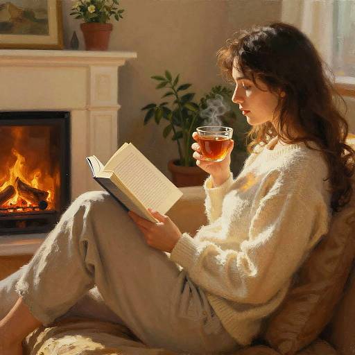 Photograph of a woman with long brown hair, wearing a cream sweater and beige pants, reading a book while sipping tea by a lit fireplace in