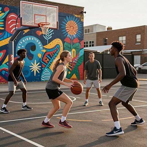 Photograph of four diverse young adults playing basketball in an outdoor urban court with vibrant mural background, sunset lighting.