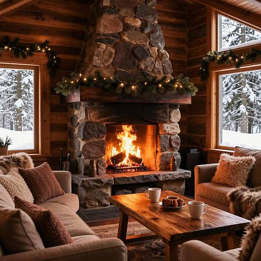 Cozy log cabin living room with roaring stone fireplace, Christmas garlands, wooden furniture, plush sofas, snow-covered windows, and warm lighting.