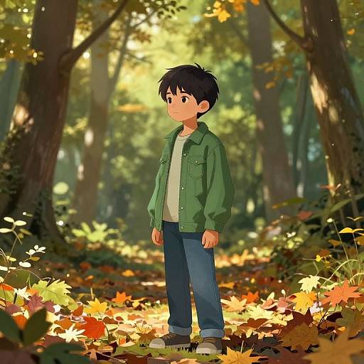 Boy in Green Jacket Standing in Autumn Forest