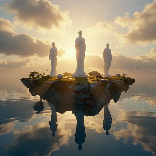 Silhouetted statues of four figures stand on a rocky island at sunset, reflected in calm water, with clouds in the background. Photograph.