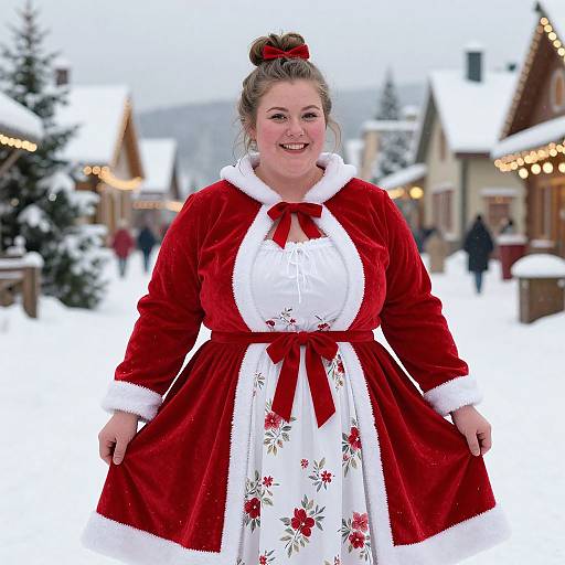 Photograph of a smiling, fair-skinned woman with brown hair in a bun, wearing a red velvet Santa dress with white fur trim and floral apr