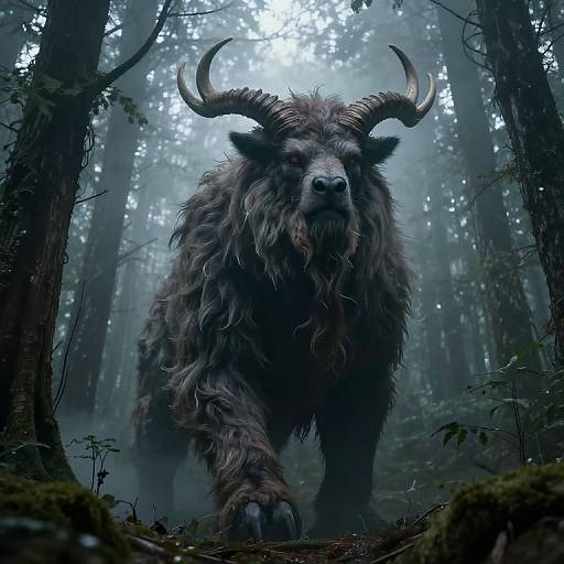 Digital artwork of a massive, dark-furred, horned beast with a fierce expression, walking through a misty, dense forest. Moody, eerie
