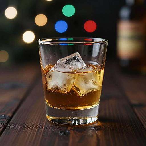 Photograph of a glass with amber whiskey and ice cubes on a wooden table, blurred colorful Christmas lights in the background.