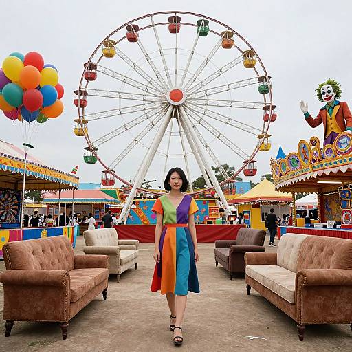 Photograph of a woman in a colorful dress standing in front of a carnival with a large Ferris wheel, balloons, and vintage sofas.