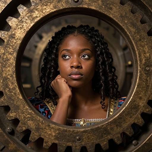 Photograph of a serious black woman with curly hair, wearing a colorful patterned dress, framed by a large, rusty industrial gear.