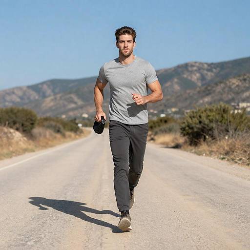 Muscular Man Running on Sunlit Road